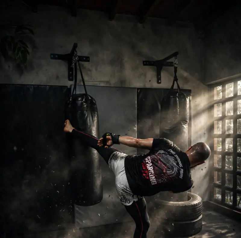 Patada alta al saco de boxeo en el dojo